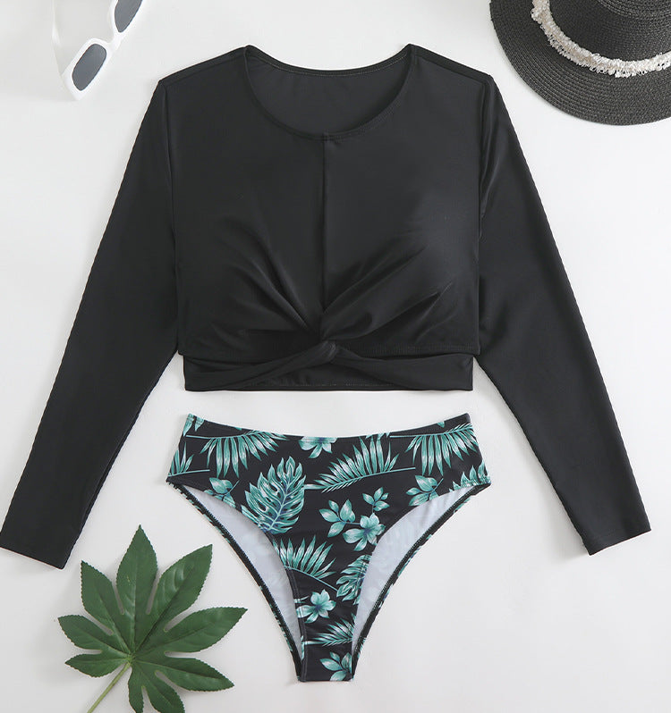 Dame bikini-sæt med langærmet crop-top og floral high-waist slip Stilla
