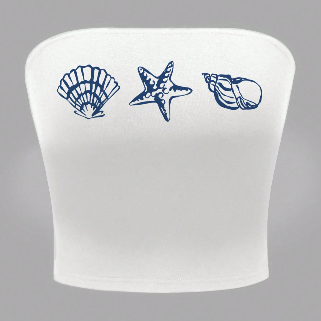 Dame bandeau-top i maritimt design med muslingformede motiver Skovae
