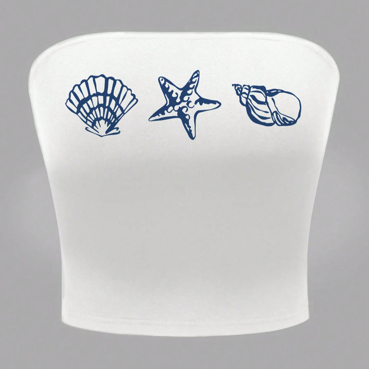 Dame bandeau-top i maritimt design med muslingformede motiver Skovae