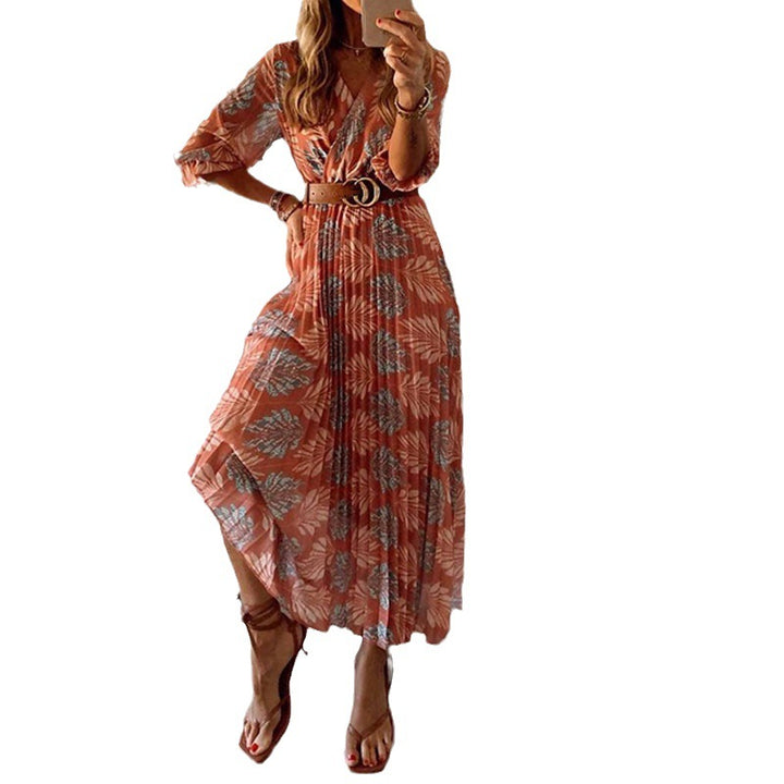 Dame maxikjole med elegant talje og blomstret bladdesign Stilla