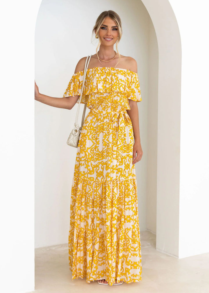 Dame Off-Shoulder Maxikjole med volumetrisk flæsedesign og elastisk talje Stilla