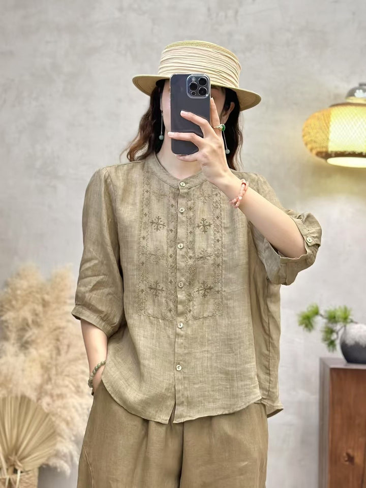 Femme Broderet Linned Knap-Op-Bluse Stilla
