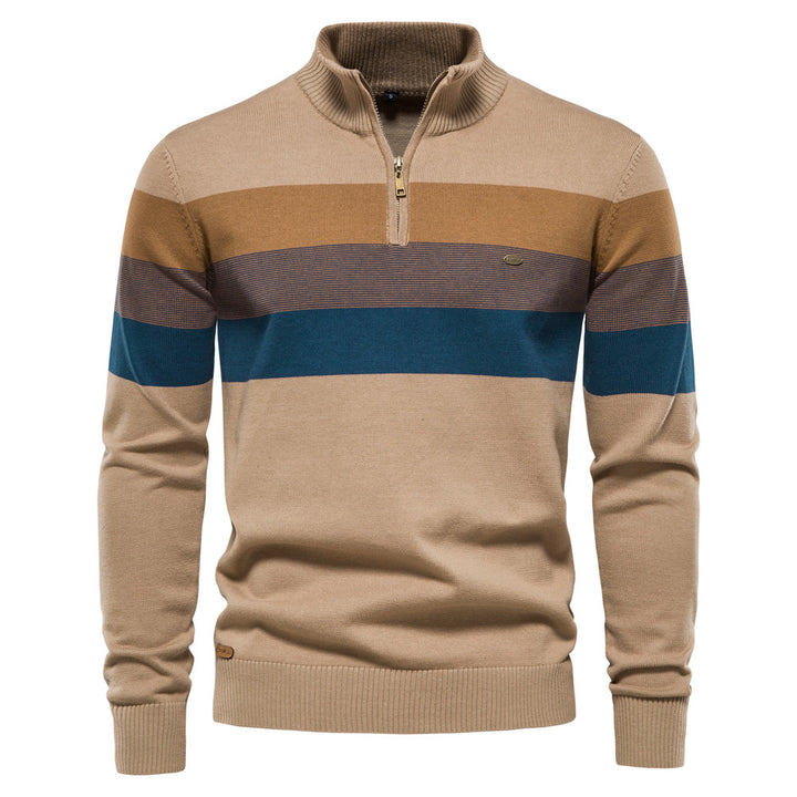 Herre strikpullover med moderne halvmidtlynlås og stribet design Stilla