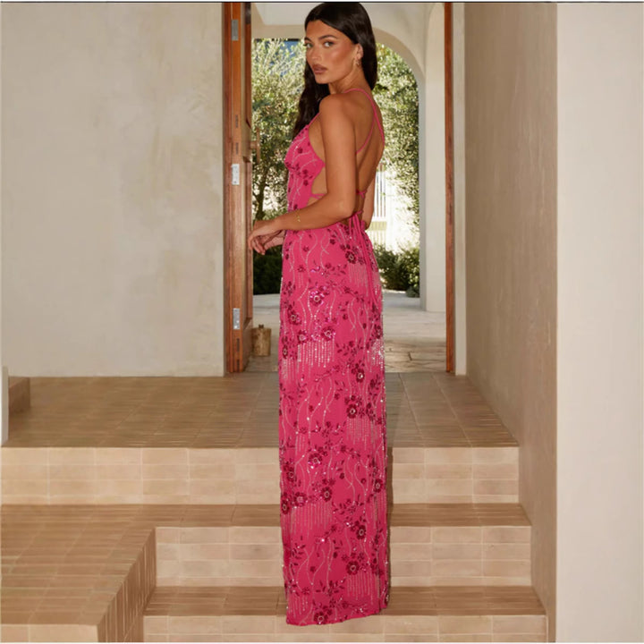 Ladies Elegant Maxi Dress with Alluring V-Neck and Sparkling Applications
