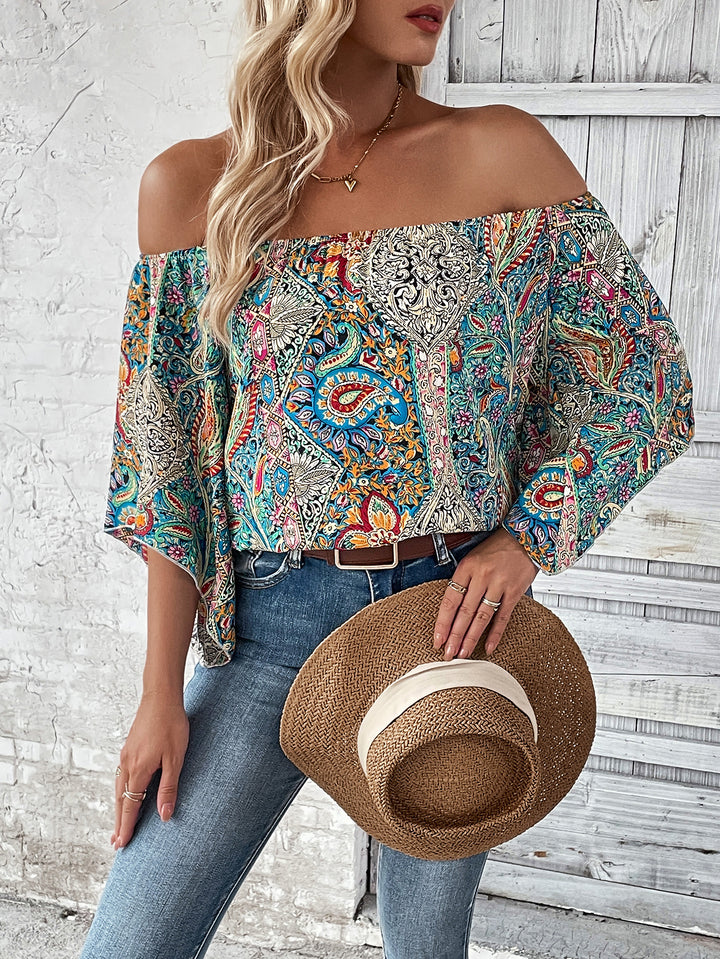 Dame Off-Shoulder Bluse med farverigt Paisley-mønster Stilla