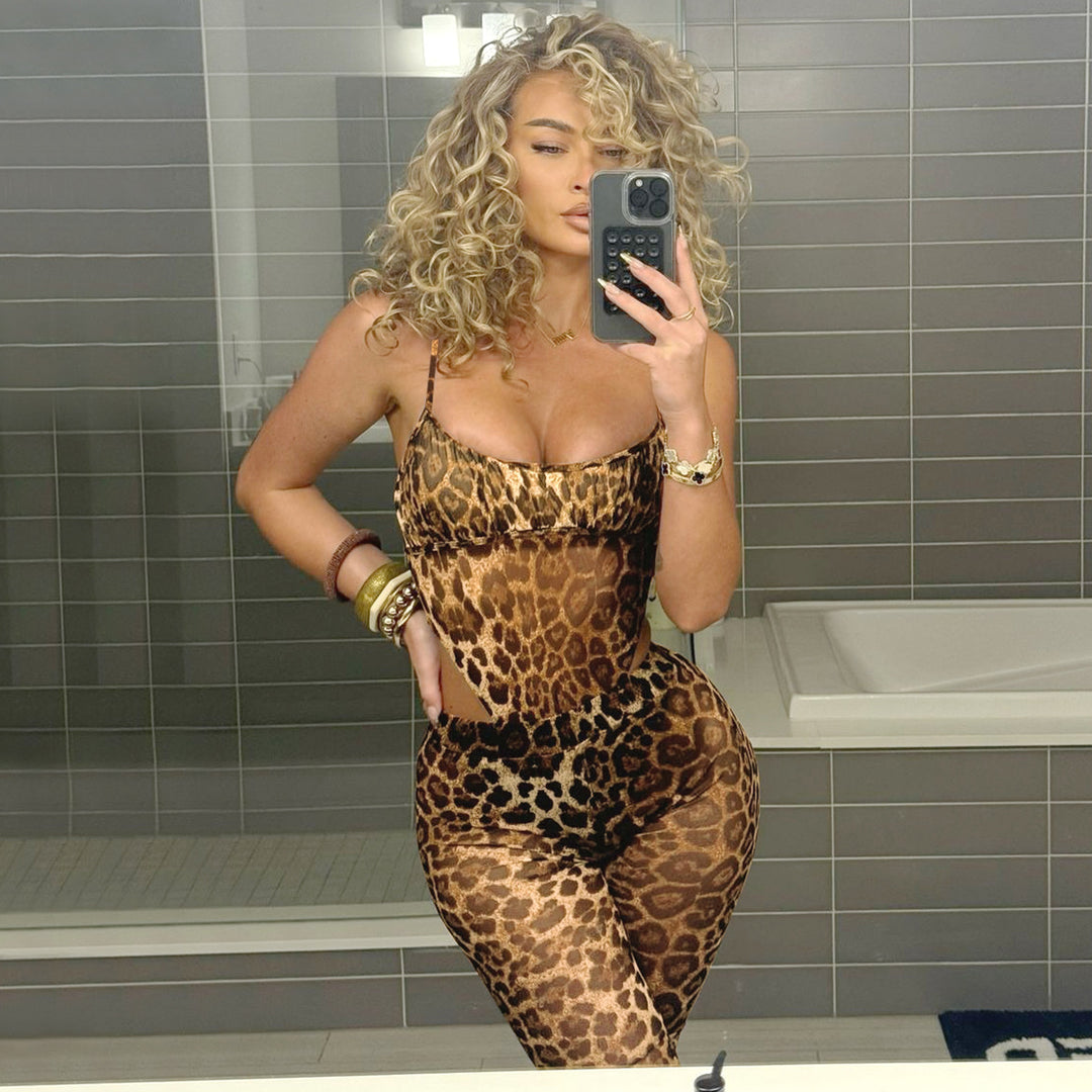 Dame Gennemsigtig Leopardmønster Jumpsuit Skovae
