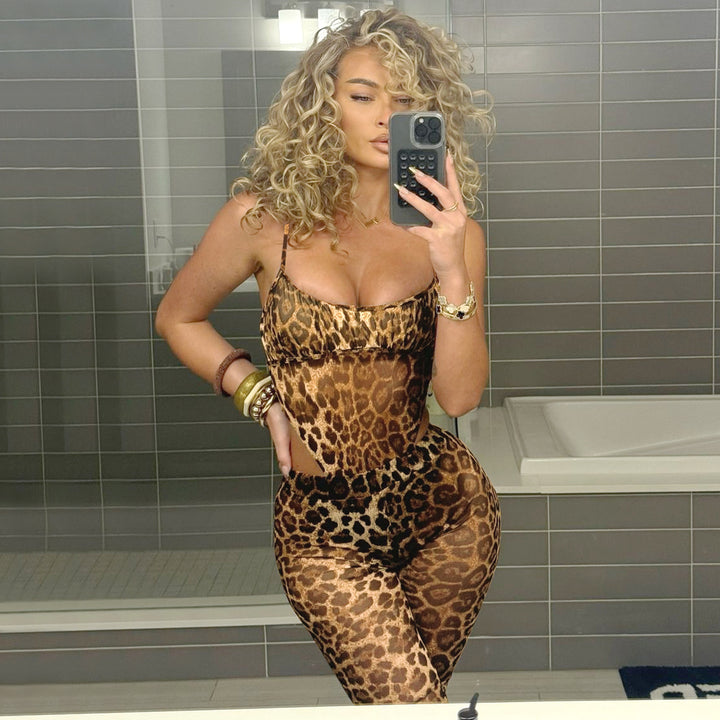 Dame Gennemsigtig Leopardmønster Jumpsuit Skovae