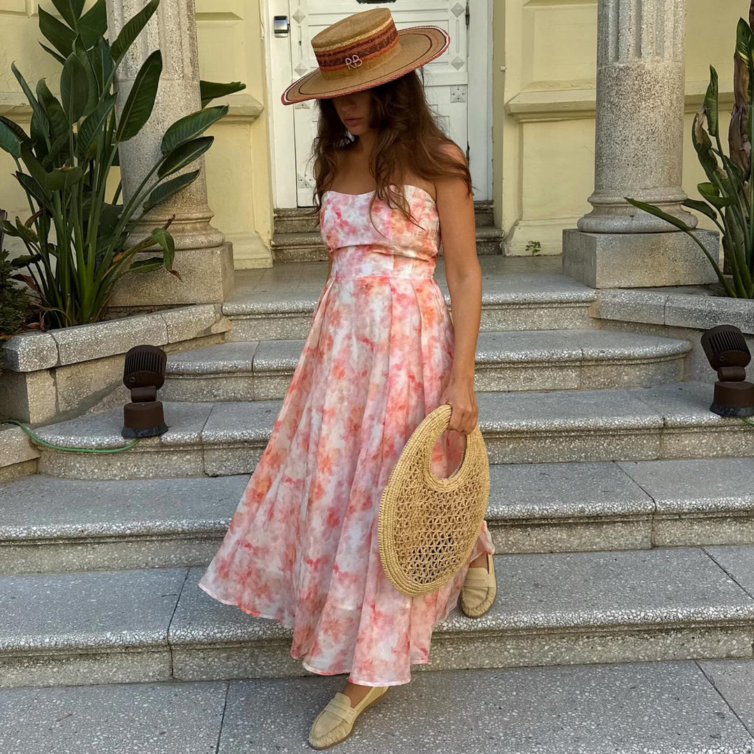Dame Maxi Kjole med elegant drapering og romantisk blomsterdesign Skovae