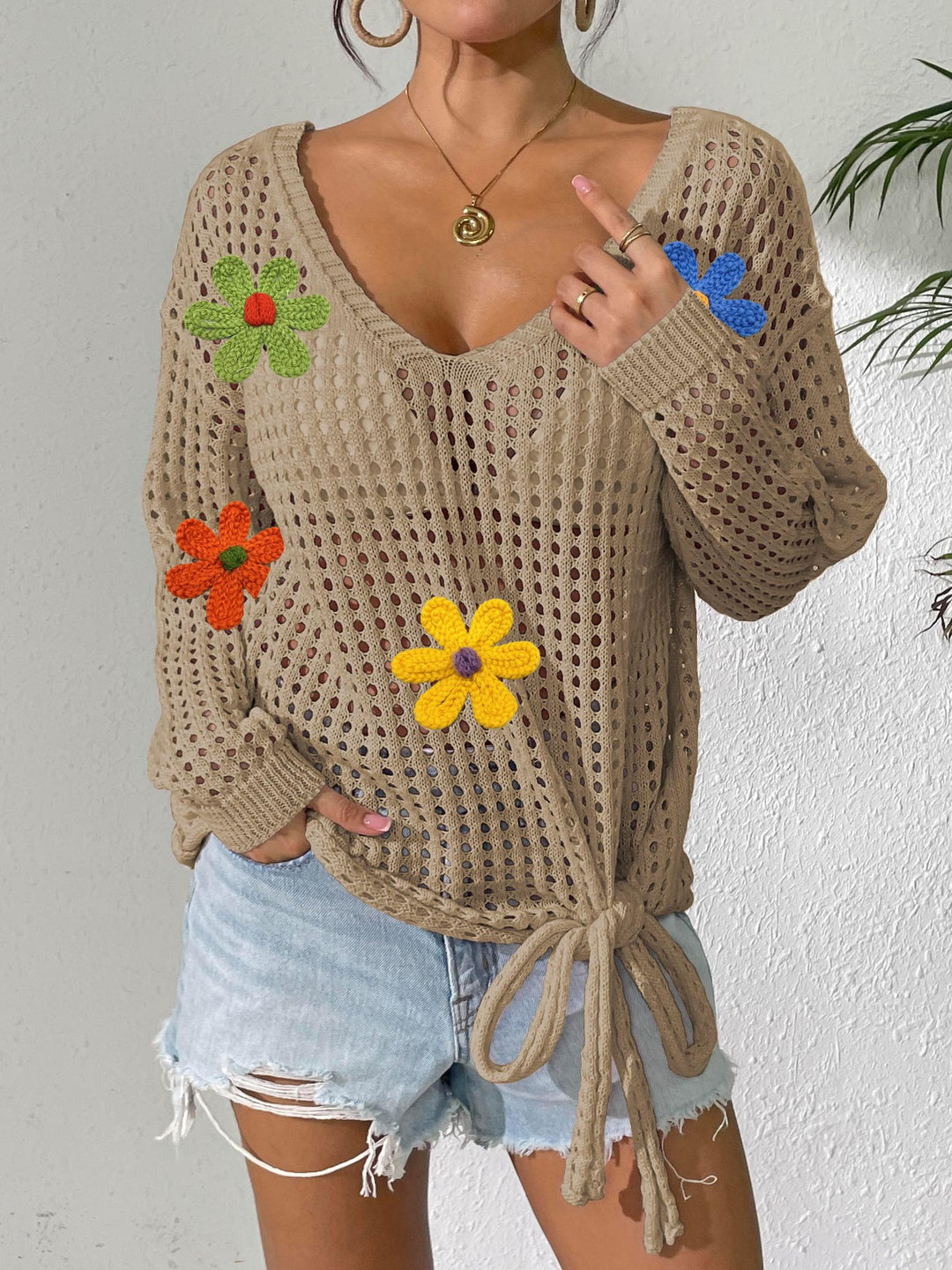 Damer hækleoverdel med blomsterapplikationer Skovae
