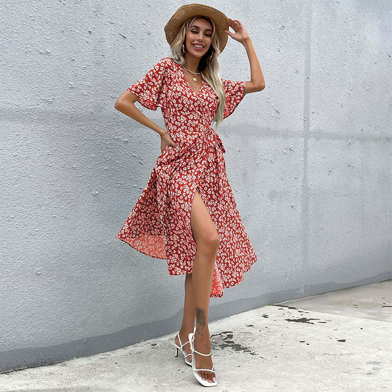 Dame Floral Print Wrap kjole med høj split Stilla