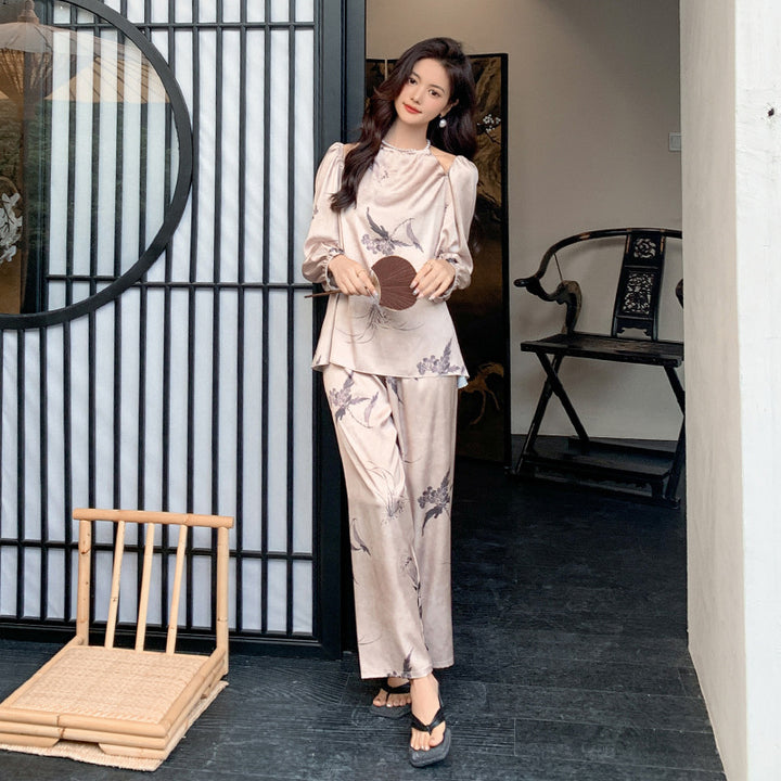 Dame Satin Pyjamasæt med kunstnerisk blomsterdesign Stilla