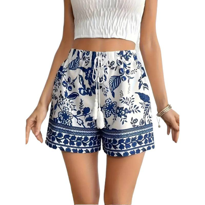 Dame fritidsshorts med blomstermønster og elastisk talje Skovae