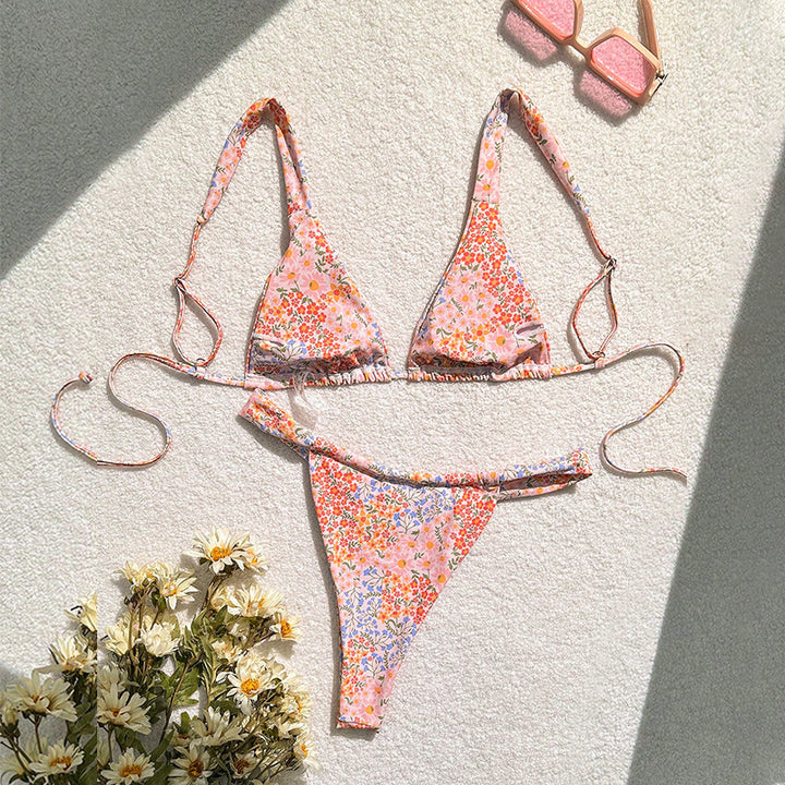 Dame triangel-bikini med blomsterudsmykninger og tilpassede stropper Skovae