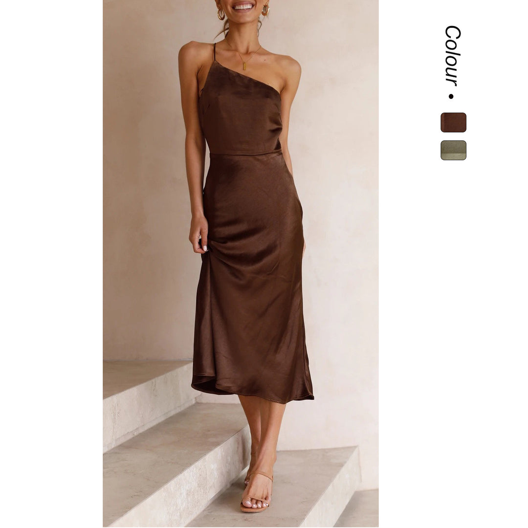Ladies Satin Wrap Dress with Slim Strap Design and Playful Hem Skovae