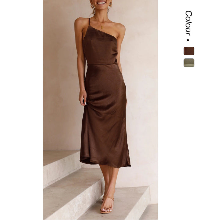 Ladies Satin Wrap Dress with Slim Strap Design and Playful Hem Skovae