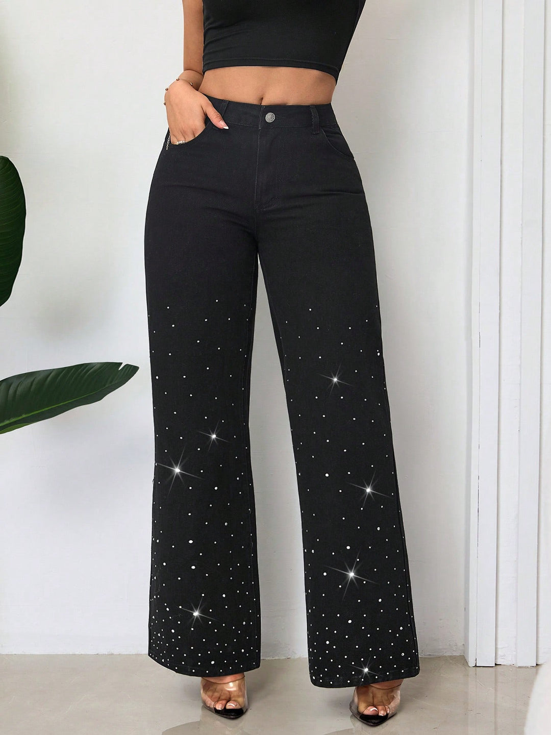 Damer Høj talje Jeans med glitrende rhinsten dekoration og bred pasform Stilla