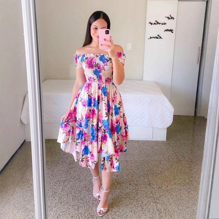 Dame Midikjole med off-shoulder skæring og blomsterdesign Stilla