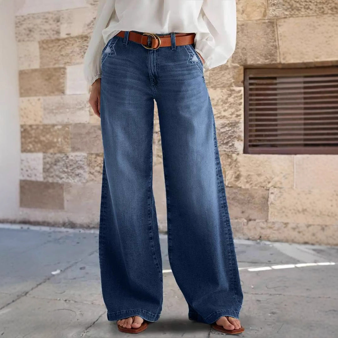 Dame brede jeans i boho-stil med høj talje og komfortabel pasform Stilla