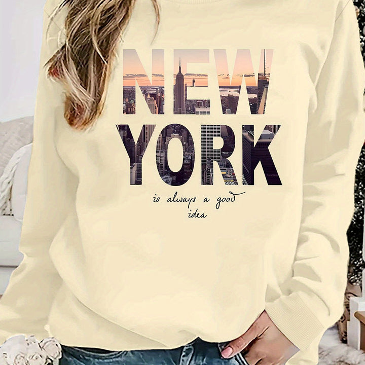 Kvinders sweatshirt med kreativ New York skyline print og hyggelig pasform Stilla