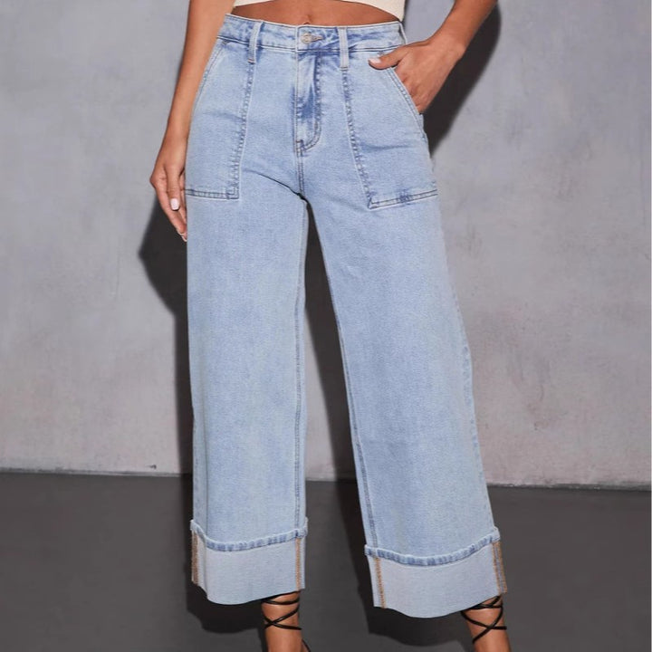 Dame brede jeans med lommer og moderne kant Skovae