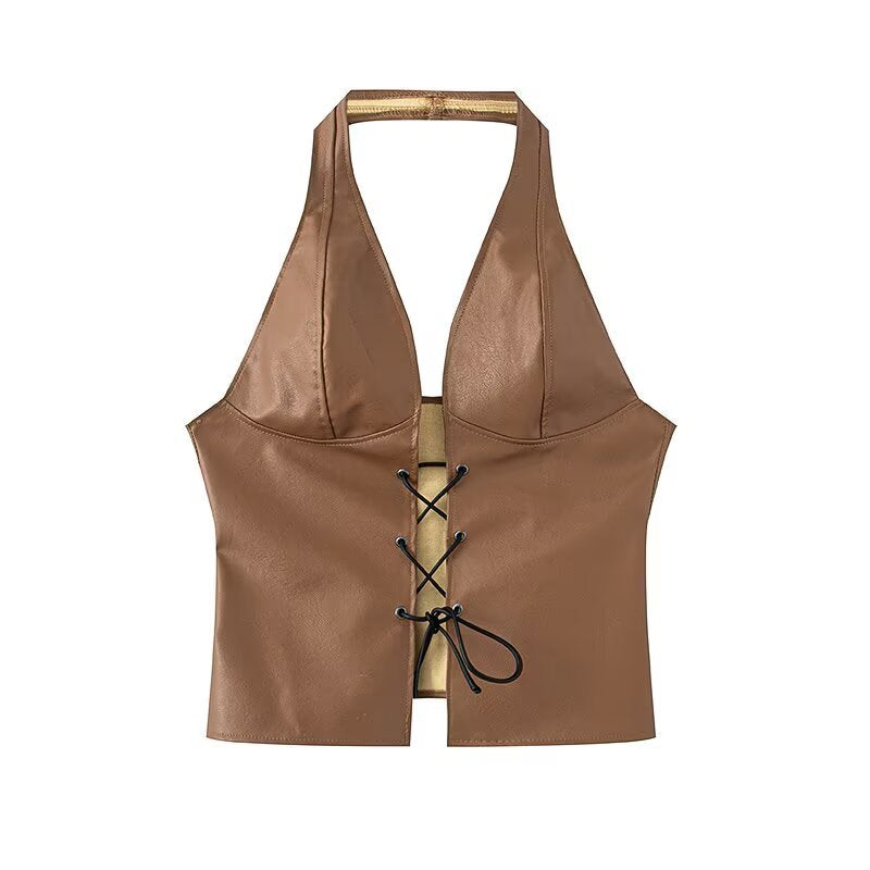 Dame Halter Neck Faux Leather Crop Top med snørredetail Stilla