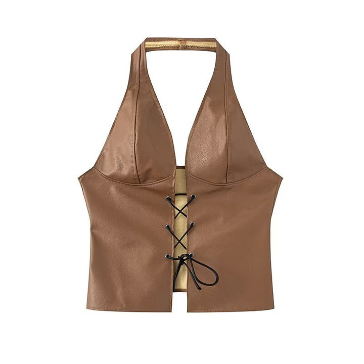 Dame Halter Neck Faux Leather Crop Top med snørredetail Stilla