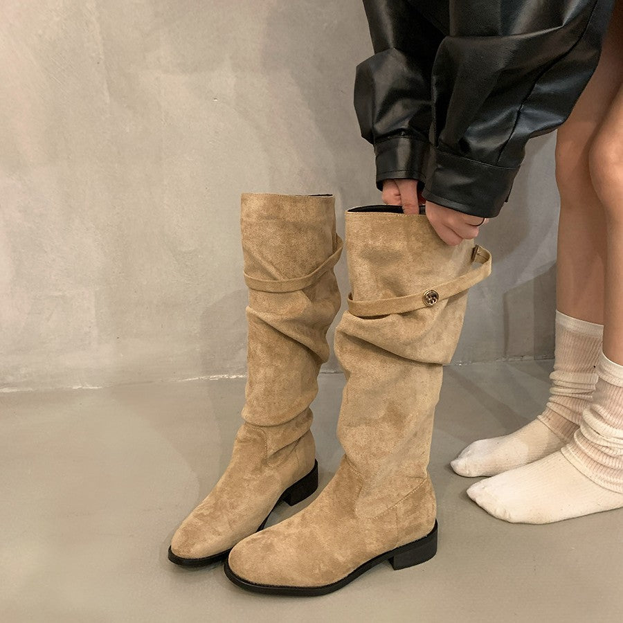 Femme Slouchy Suede Knælange Støvler med Dekorativ Knap Stilla