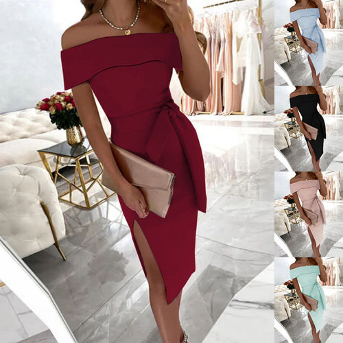 Dame Elegant Off-Shoulder Midi Kjole med Bindebælte Stilla