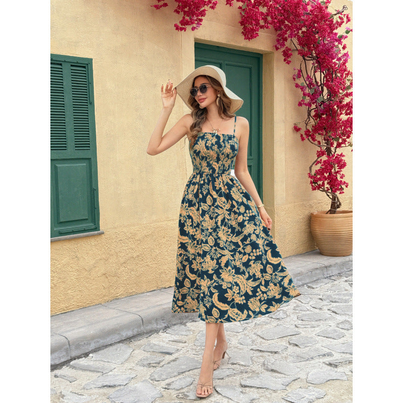 Dame Floral Print Midi-kjole med justerbare stropper Stilla