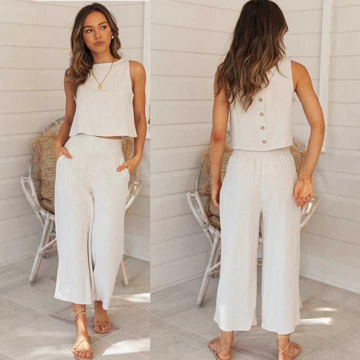 Kvinders afslappede to-delssæt med cropped top og brede bukser stil Stilla