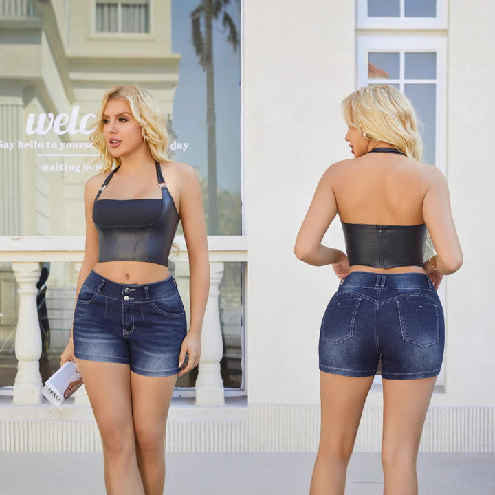 Dame jeans-shorts med elegant knaplukning og figurskærende snit Stilla
