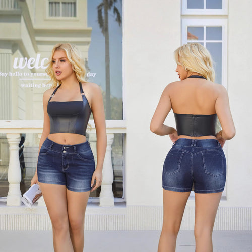 Dame jeans-shorts med elegant knaplukning og figurskærende snit Stilla