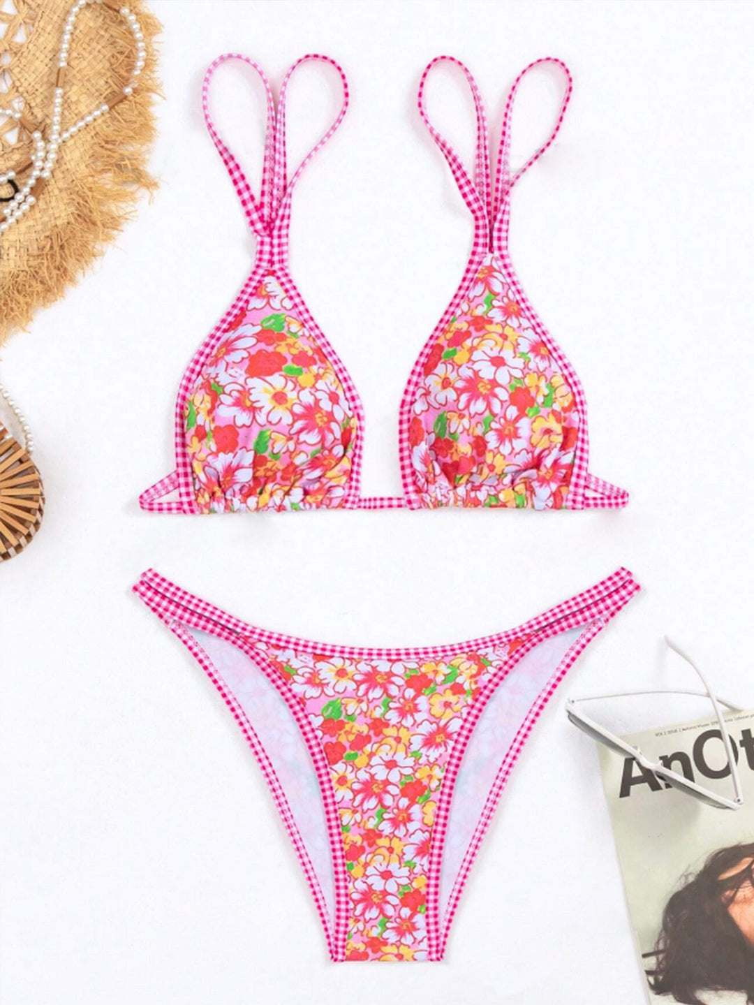 Dame bikini-sæt med blomstret design og ternet top Stilla