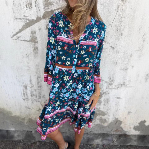 Dame Floral Print Knaplukning Mini Kjole Stilla
