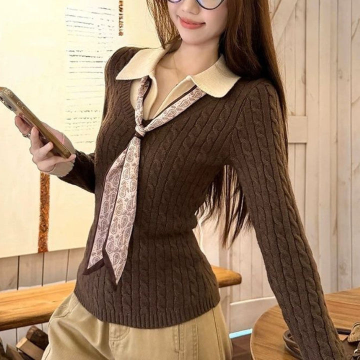 Kvinders Ribbet Strik Sweater med Skjorte Krave og Slips Stilla