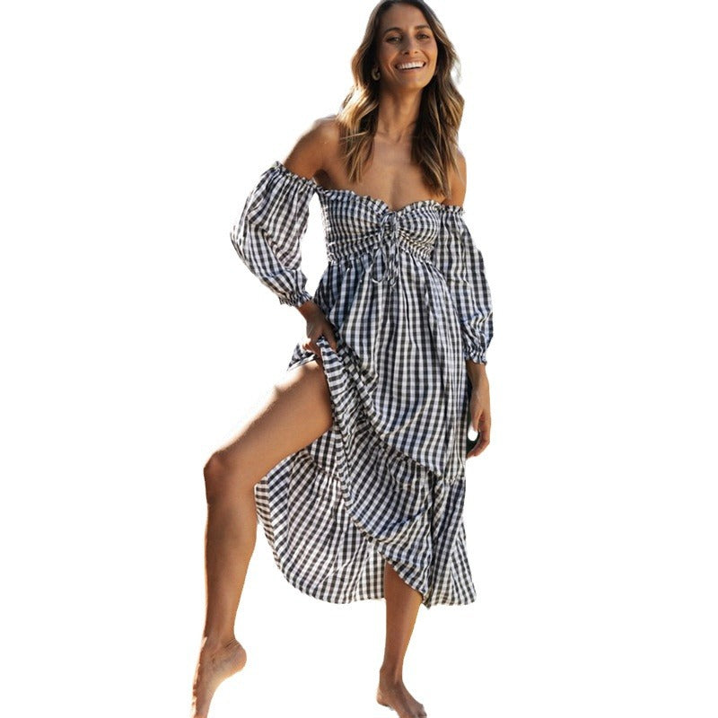 Dame Off-Shoulder Maxikjole med legende flæsedetaljer og ternet mønster Stilla