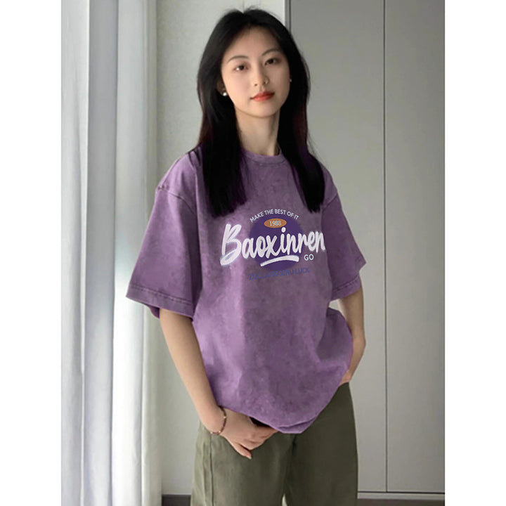 Dame T-shirt med afslappet vintage-print og trendy skrift Stilla
