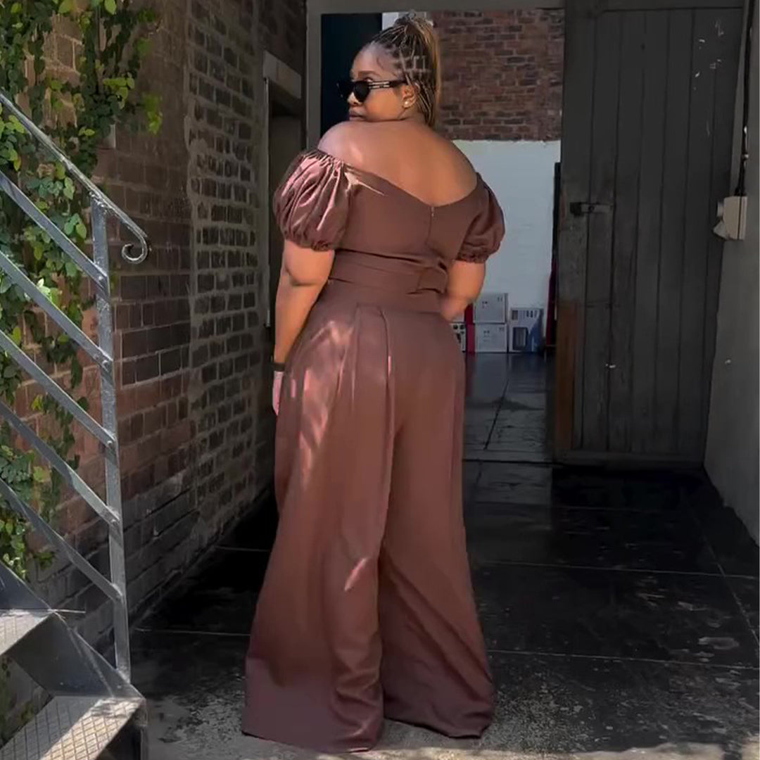 Kvinders Crop Top og Palazzo Bukser Sæt med Voluminøse Ærmer og Elegante Plisseringer Skovae