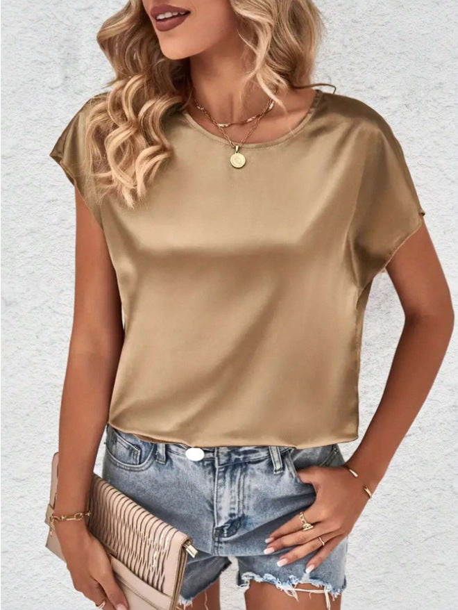 Dame Elegant satin top med afslappet snit og korte ærmer Skovae