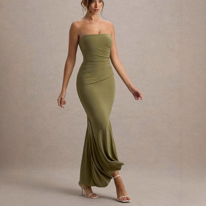 Dame Elegant, figursyet langærmet kjole med asymmetrisk kant og flæse detaljer Stilla