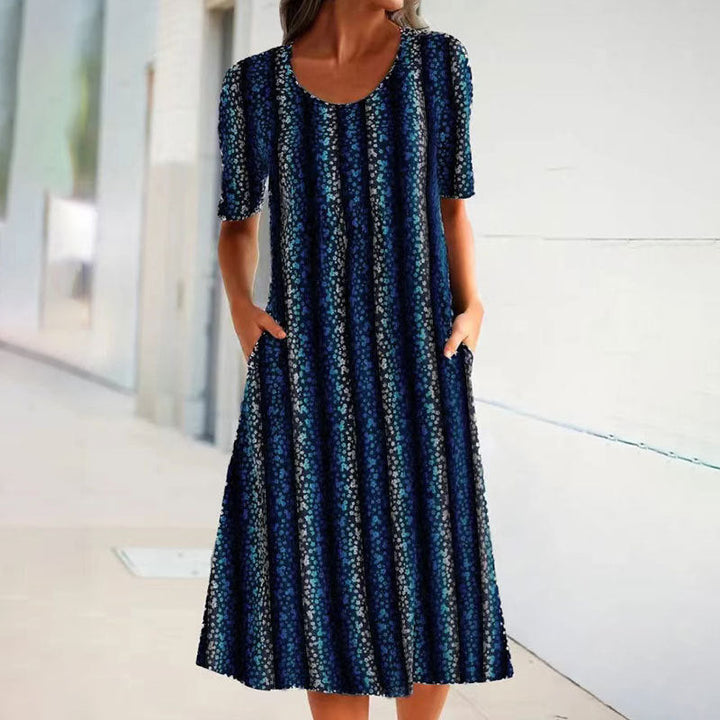 Stilla | Casual Leopard Stripe Pocket Rund Hals Korte Ærmer Kjole