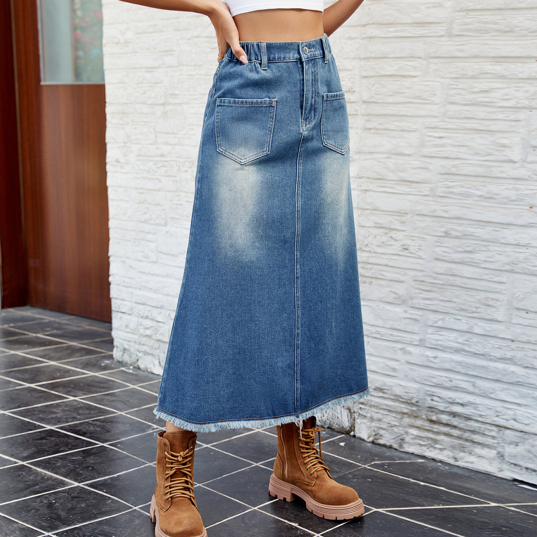 Dame denim-maxiskørt med elastisk talje og praktiske lommer Stilla