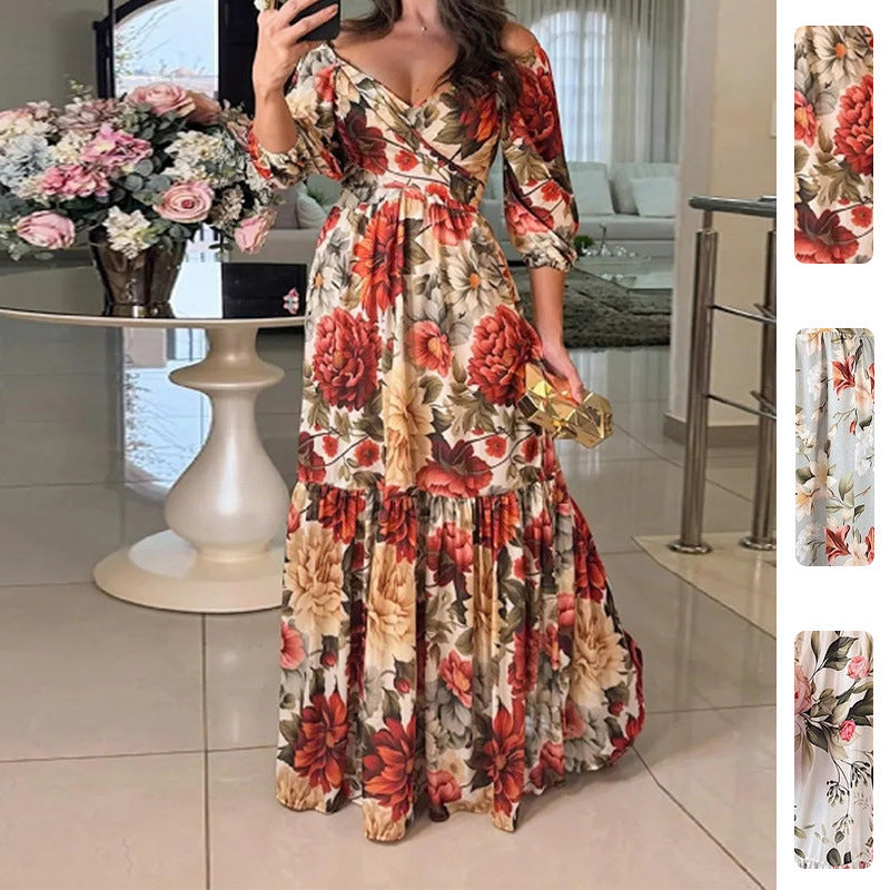 Kvinders blomster maxi kjole med off-shoulder design og flæse kant Stilla