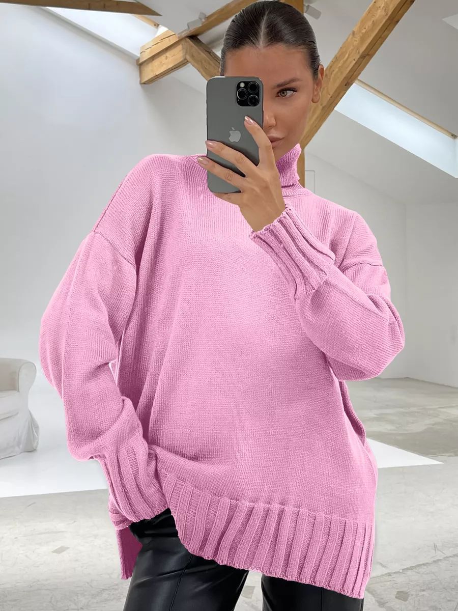 Dame Oversized Strikpullover med høj krave og sidelæringer Stilla