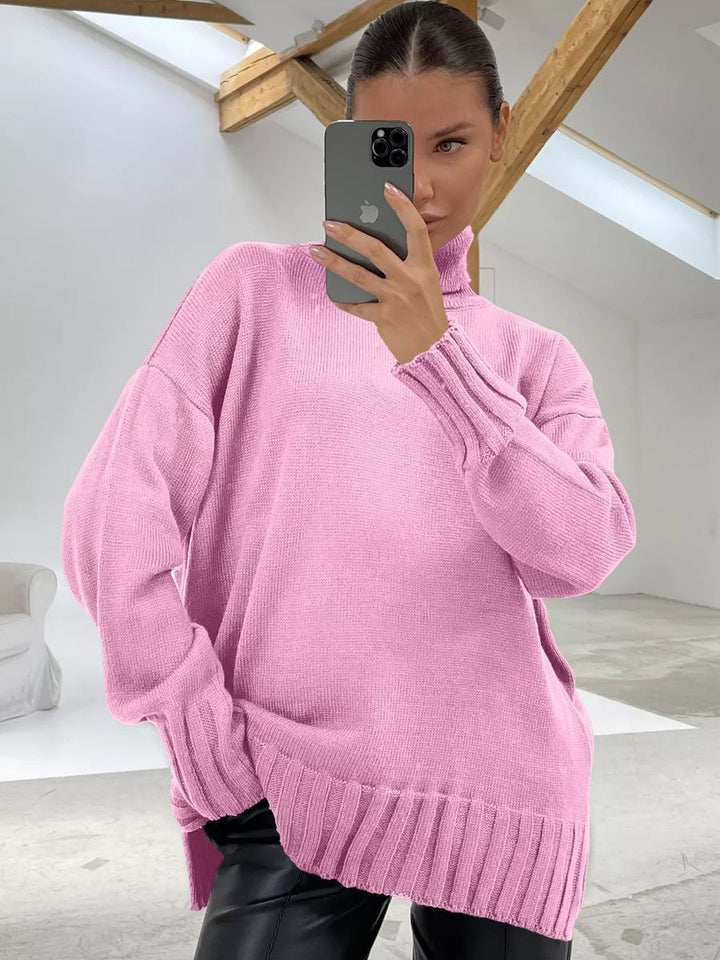 Dame Oversized Strikpullover med høj krave og sidelæringer Stilla
