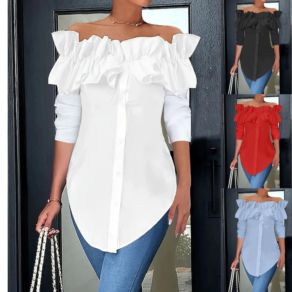 Damebluse med voluminøse flæsedetaljer Stilla