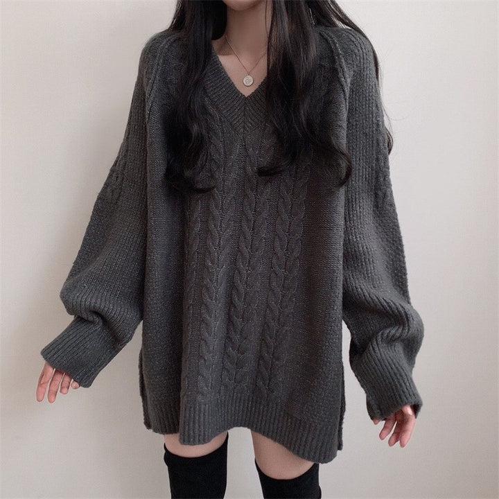 Femme Oversized V-Udskæring Kablestrikket Pullover Stilla