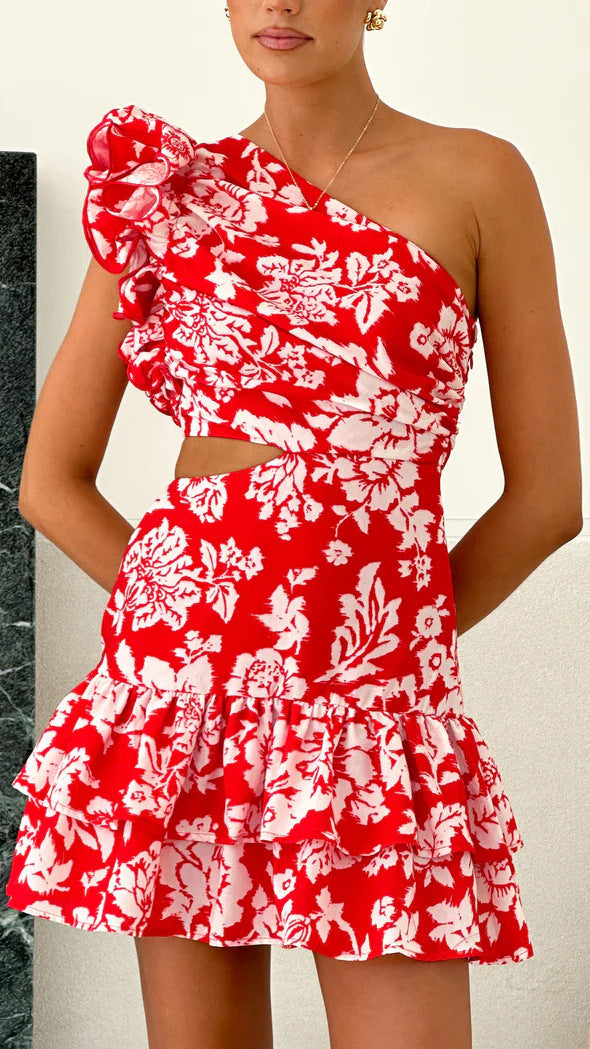 Women's wrap dress with asymmetric design and voluminous ruffles Skovae