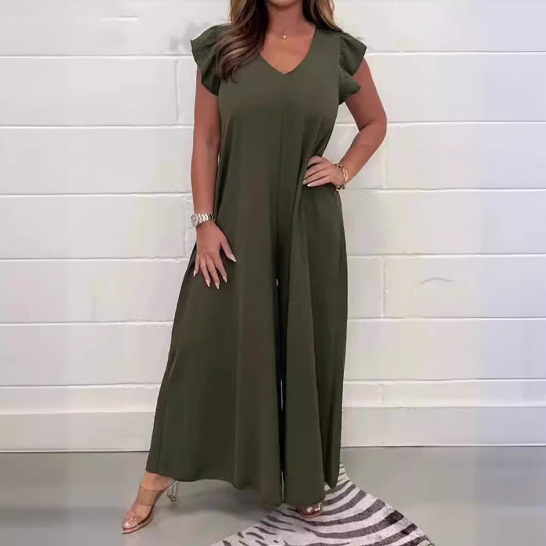Dame jumpsuit med voluminøse ben og elegant V-udskæring Stilla