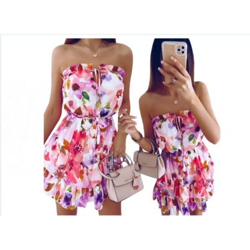 Dame Strapless Blomster Mønster Mini-Kjole med Rüschen-Saum Stilla